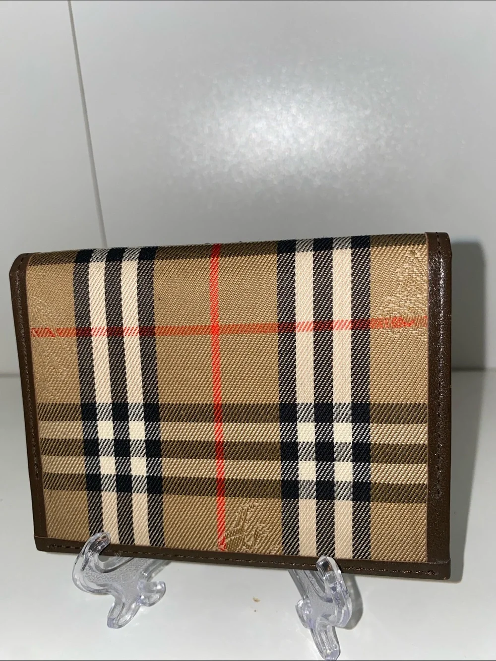 Authentic Burberry Tan Plaid Card Holder Wallet Brown Leather Trim